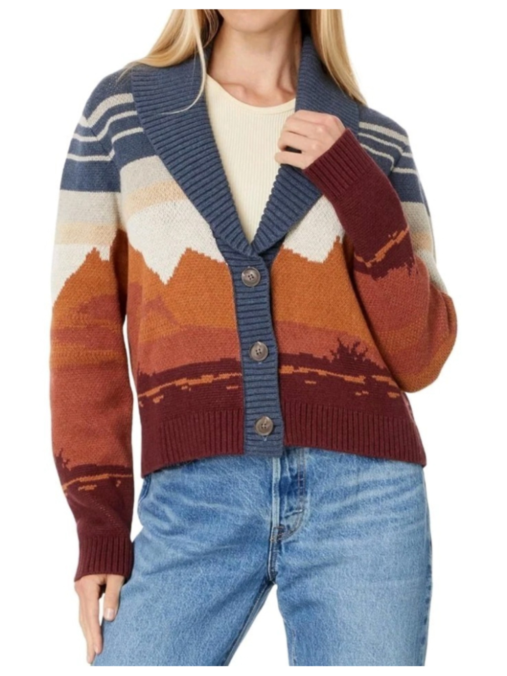 Pendleton Western Scenic Cardigan Women S Cowboy Horse Blue Rust Cotton Sweater - Picture 2 of 14